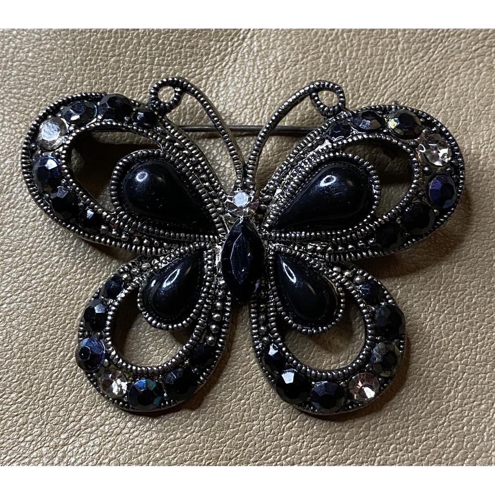 VNTG 1990'sBlack Silver Rhinestone Cabochon Butterfly Brooch Gothic Style Reborn